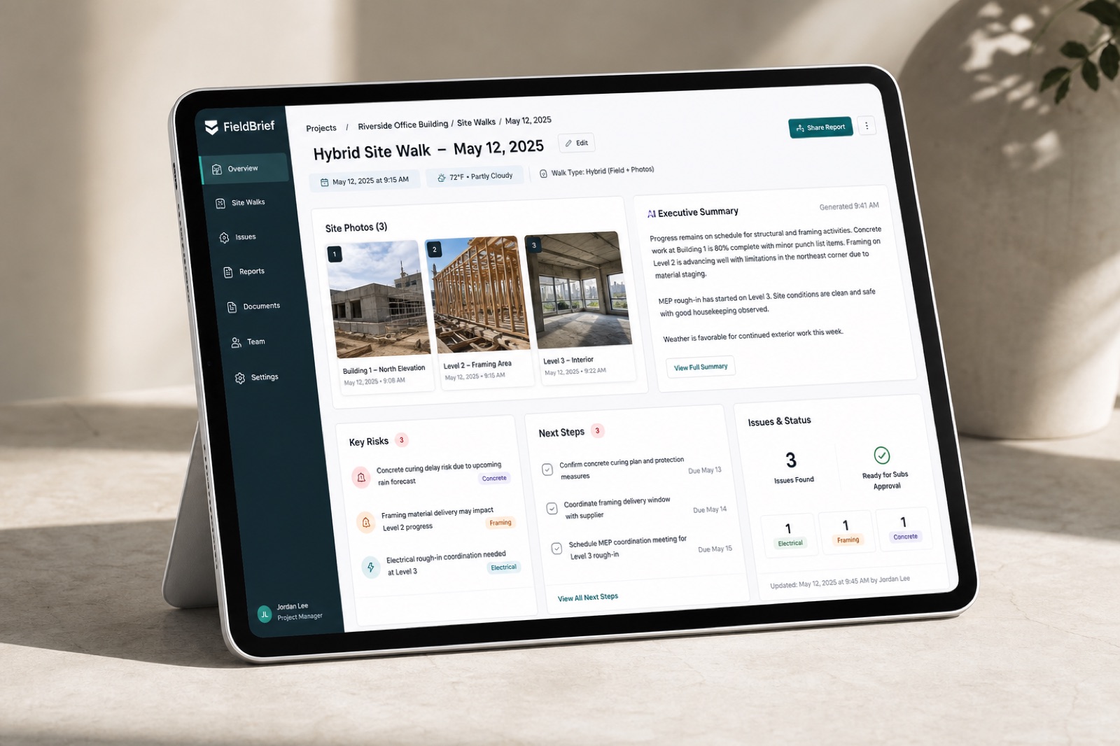 FieldBrief dashboard showing a hybrid site walk summary with photos, risks, next steps, and issue status