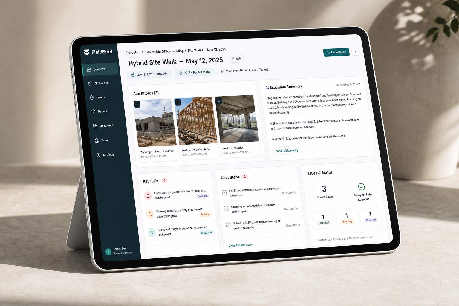 FieldBrief dashboard showing a hybrid site walk summary with photos, risks, next steps, and issue status