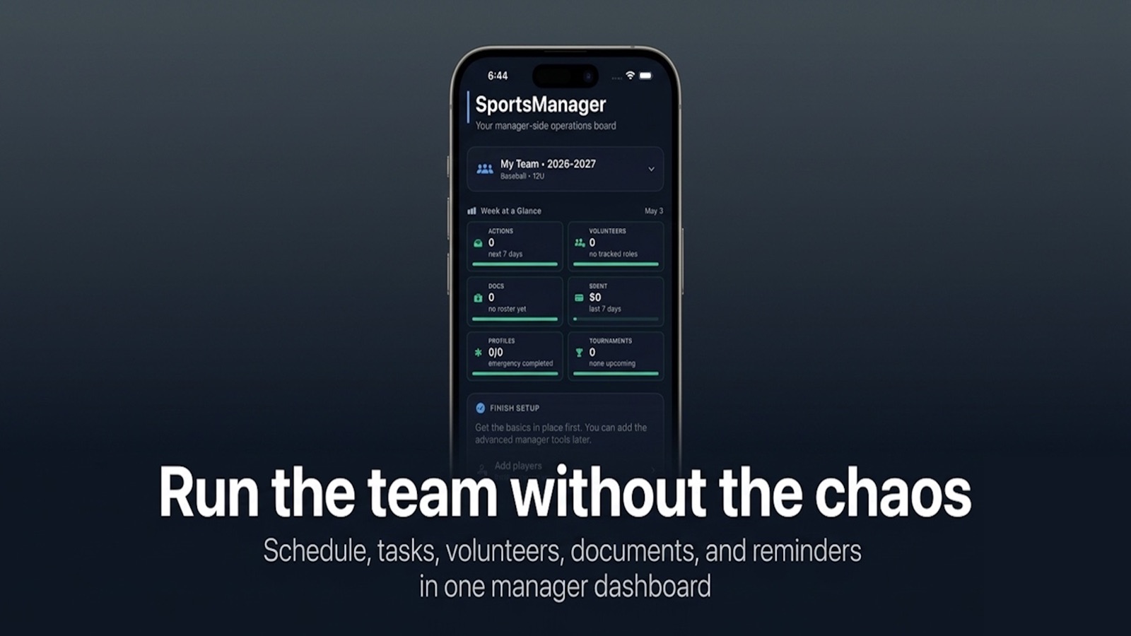 SportsManager app preview showing a manager dashboard