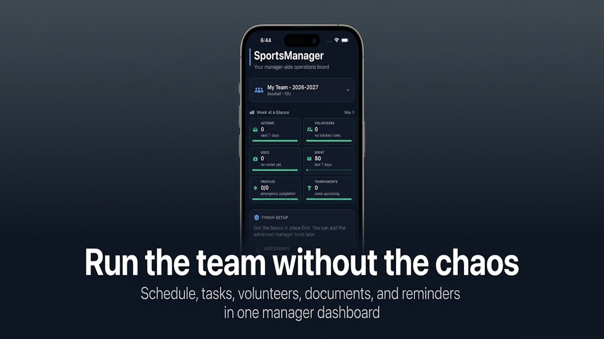 SportsManager app preview showing a manager dashboard