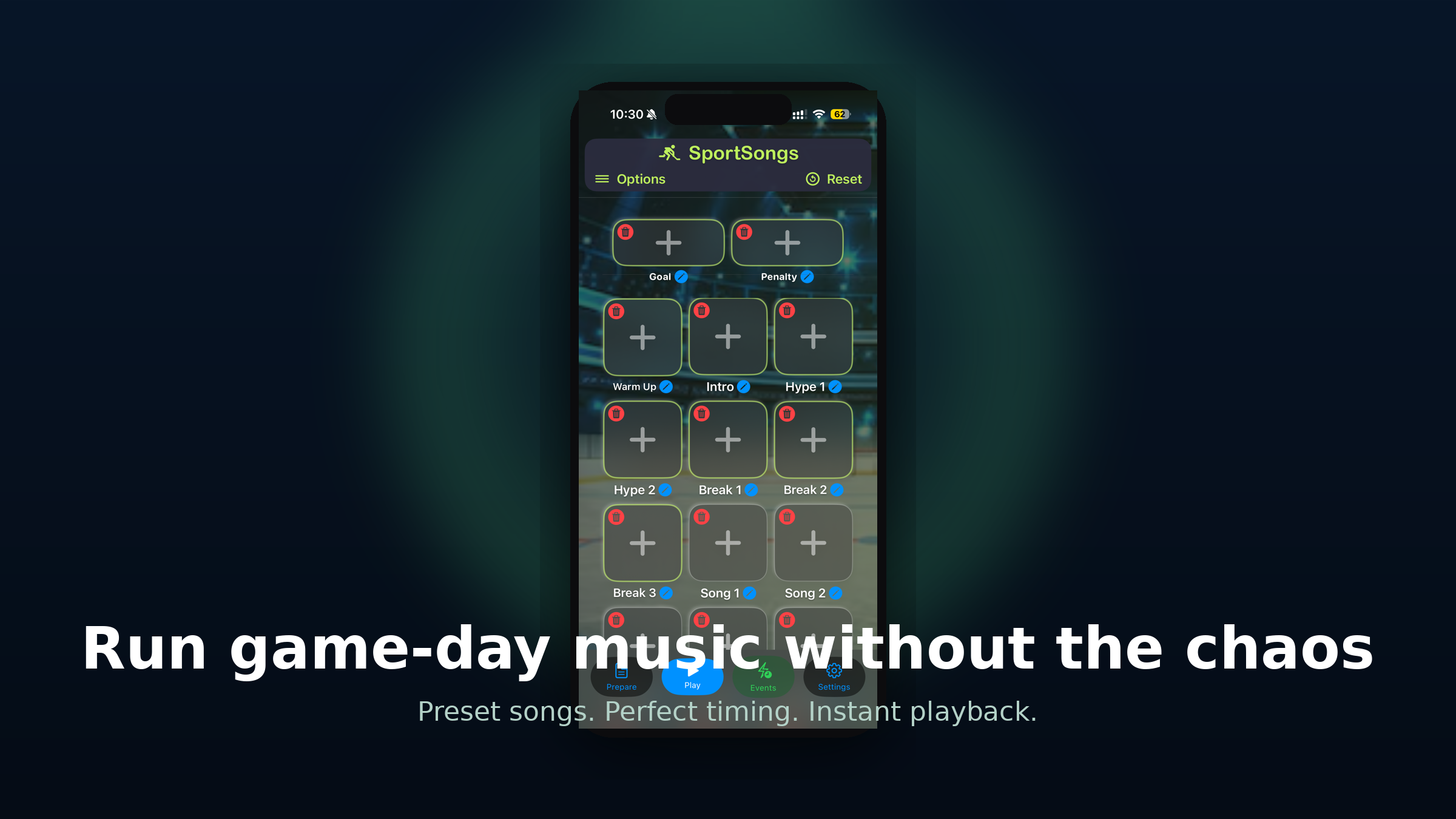 SportSongs app preview showing game-day music controls